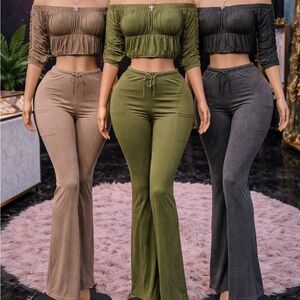 Stylish Women's Off-Shoulder Jumpsuit Set - Tan, Green, Gray